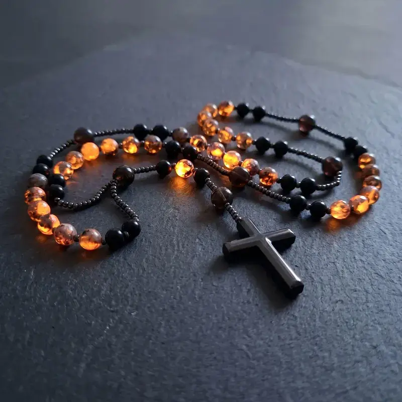 Yooperlite & Obsidian Rosary Necklace, Adjustable Spiritual Jewelry with Hematite Crucifix, Handmade UV Reactive Glow Stone Pendant for Women & Men, Crucifix Necklaces, Beaded Cross Necklaces