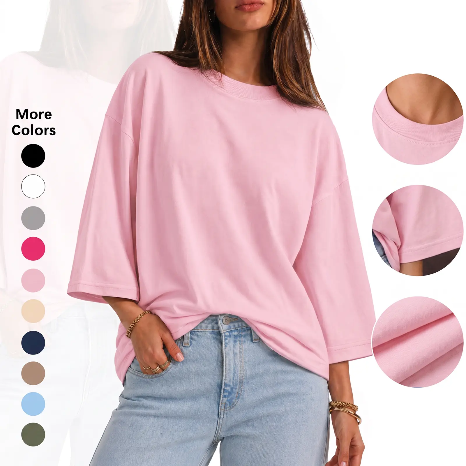 Flowyair Women's Oversized Baggy Loose-Fitting Cotton Elastane Crew Neck 3/4 Sleeve Casual Summer Basic T-Shirt, Ideal for Vacation, Beach Outfits, Tshirt