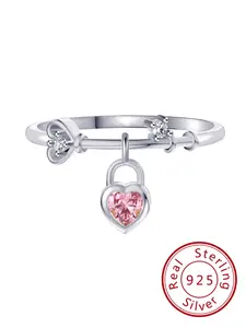 S925 Sterling Silver Artificial Zircon Decorated Ring, Elegant Heart Pendant Ring, Exquisite Trendy Ring for Women & Girls As Gift, Fashionable Jewelry for Party, Daily Decor, Anniversary Ring