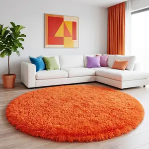 COLLA Round Ultra-Soft Plush Area Rug, Orange Modern Fluffy Shag Circular Non-Slip Floor Carpet for Bedroom Indoor Home Decor, Ideal For Home Decor