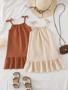 Two-Piece Girls' Casual Halter Dress Set, Solid Color Bow Decoration, Washed Wrinkle Fabric, Perfect for Summer Daily Wear, Summer Dresses