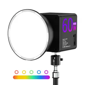 The Saker PLUS handheld portable photography light, powered by 60W 4 batteries, features RGB color lighting with a color temperature of 2500K–6500K. It includes batteries and can be used for video recording and portrait photography.