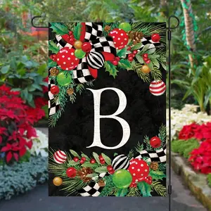 Linen Christmas Monogram Letter Garden Flag - Initial Personalized Family Name Yard Banner Sign,Double-Sided Print, Festive Holiday Outdoor Decoration, Yule Holly Design, No Flagpole Included Ornaments