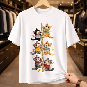 Cute Cat T-Shirt | Six Kittens in Sweaters Graphic Tee | Kawaii Cat Lover Gift for Women & Girls | Funny Animal Climbing Rope Shirt | Aesthetic Soft Cotton Top