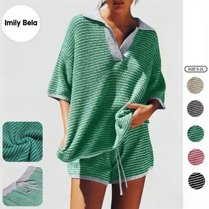 Imily Bela Womens Sweater Set 2 Piece Outfits Oversized 3/4 Sleeve V Neck Knit Tops High Waisted Shorts Lounge Sets