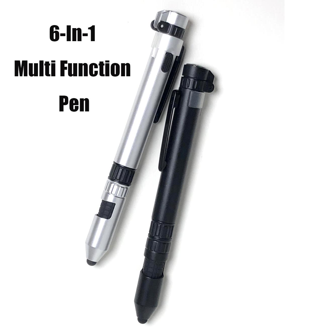 6 Essential Tools in 1 Pen,Multi Function Pen Compass Ballpoint Pen Flashlight Pen Mobile Phone Holder Compact Screwdriver Pen Travel, Retractable Pocket Tool Suitable for On-the-Go Repairs, DIY & Outdoor Emergencies - Compact & Portable(Black&Silver)