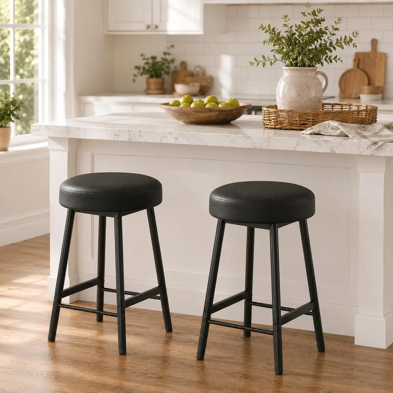 Garvee 26" Height Rustic Black Backless Counter Bar Stools Set of 2 - Counter Chairs with 2.4-in Thick PU Leather Cushion, 400 lb Metal Frame, Footrest for Rustic Farmhouse Decor Kitchen Islands