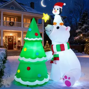 6 ft Christmas Polar Bear Inflatable Decoration, Polar Bear with Penguin & Xmas Tree Inflatable Décor with Build-in LEDs Blow Up for Christmas Party Outdoor, Yard, Garden, Winter Decoration