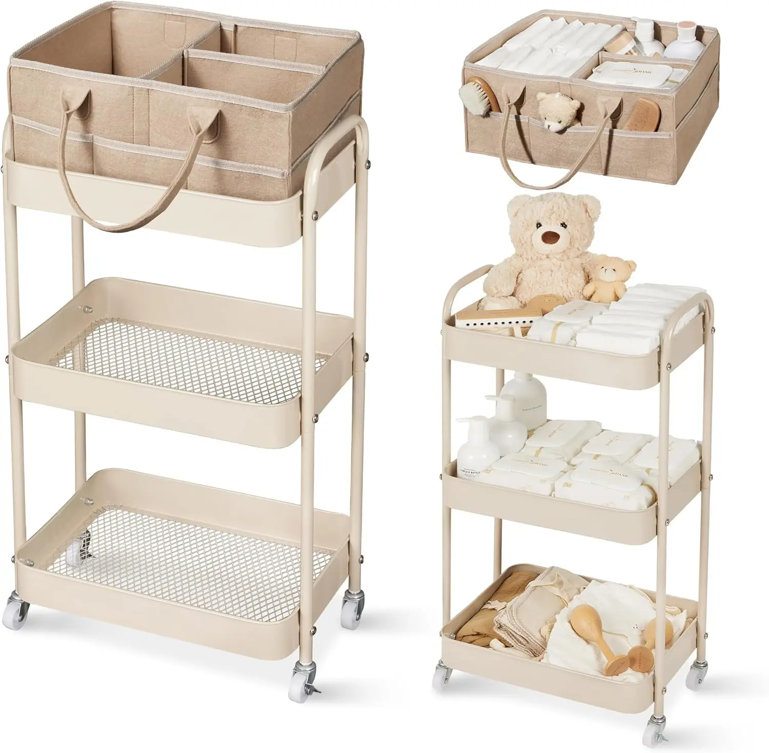 Baby Diaper Caddy, 3 Tier Rolling Cart for Baby Essentials, Taupe | Diaper Cart with Detachable Dividers, Nursery Storage & Bottle Organizer, Bedside Caddy for Bedroom and Living Room
