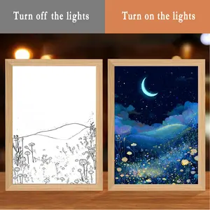 Moonlit Wildflower Field LED Light Painting - USB-Powered Adjustable Brightness Desk Lamp with Polished Wood Frame, Contemporary Impressionism Art Plaque, Creative Atmosphere Decor for Bedroom, Ideal Gift for Art Enthusiasts