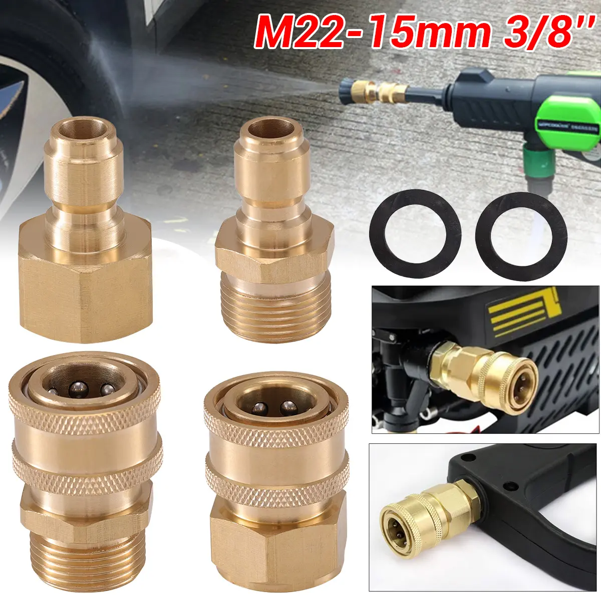 4PCS Durable Pressure Washer Adapter Kit - M22-15mm ID Leak-Proof Swivel Tool, Anti-Rust Brass Nozzles, 2x3/8" Quick Connect Fittings, 2xBlack Rubber Washers, 2xM22-15 External Thread Fittings, 5000 PSI Resilience, Hoses & Accessories for Pressure Washing