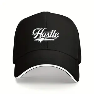 S&T 1 Piece "HUSTLE" Baseball Cap Adjustable Buckle, Vintage Black and White Hip-Hop Cap, Lightweight Polyester, Suitable for Summer Fishing Outdoor Activities, Perfect Valentine's Day, Mother's Day, Father's Day Gift