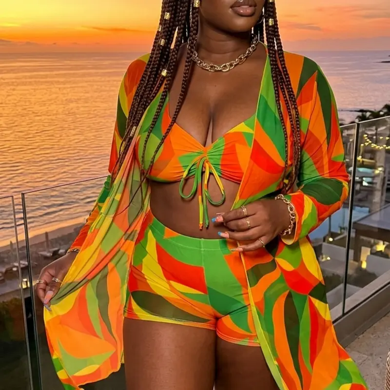Mebakuk Women's Plus Size 3-Piece Abstract Print Bikini Set - Stretchy Swimwear, 3XL/4XL, Colorful Tie-Front Top, High-Rise Boyshort Bottom, Breathable Quick-Dry Cover Up, Curvy-Friendly Swimsuit for Beach