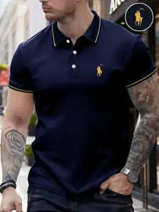 Men's Classic Fashion Casual Comfortable Micro-Elastic Straight Tube Polo Shirt, Trim Design, Horse Print, Outdoor Sports Polo