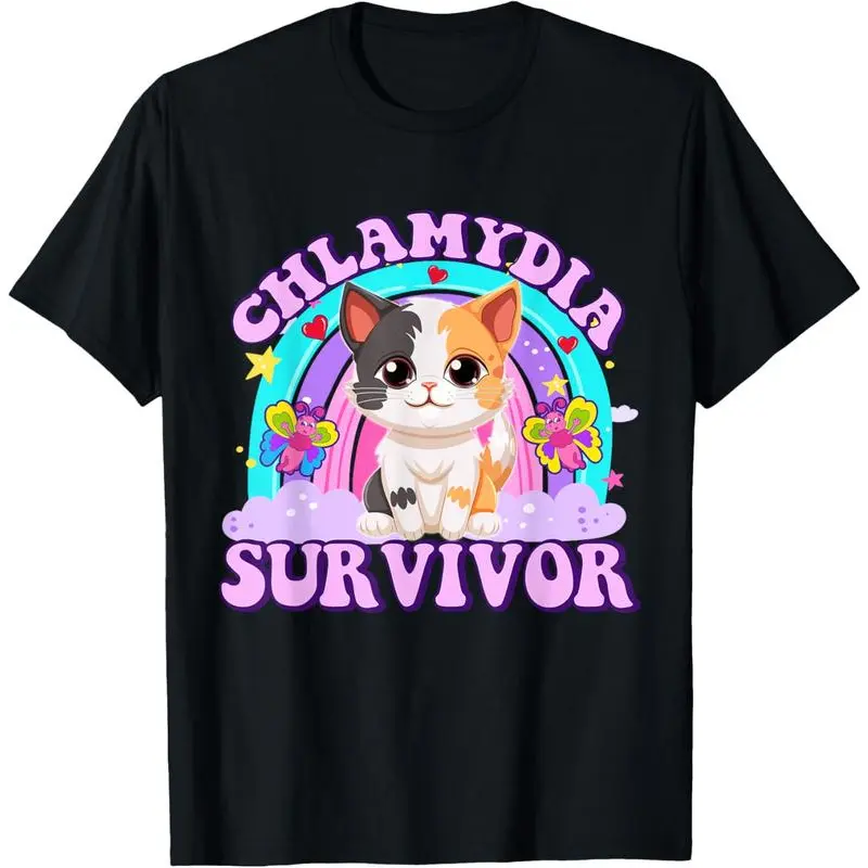 Women's 100% Cotton Round Neck Shortsleeve Fitted T-Shirt - Casual Streetwear Everyday Top with Distressed Chlamydia Survivor Cat Meme Adult Humor Graphic