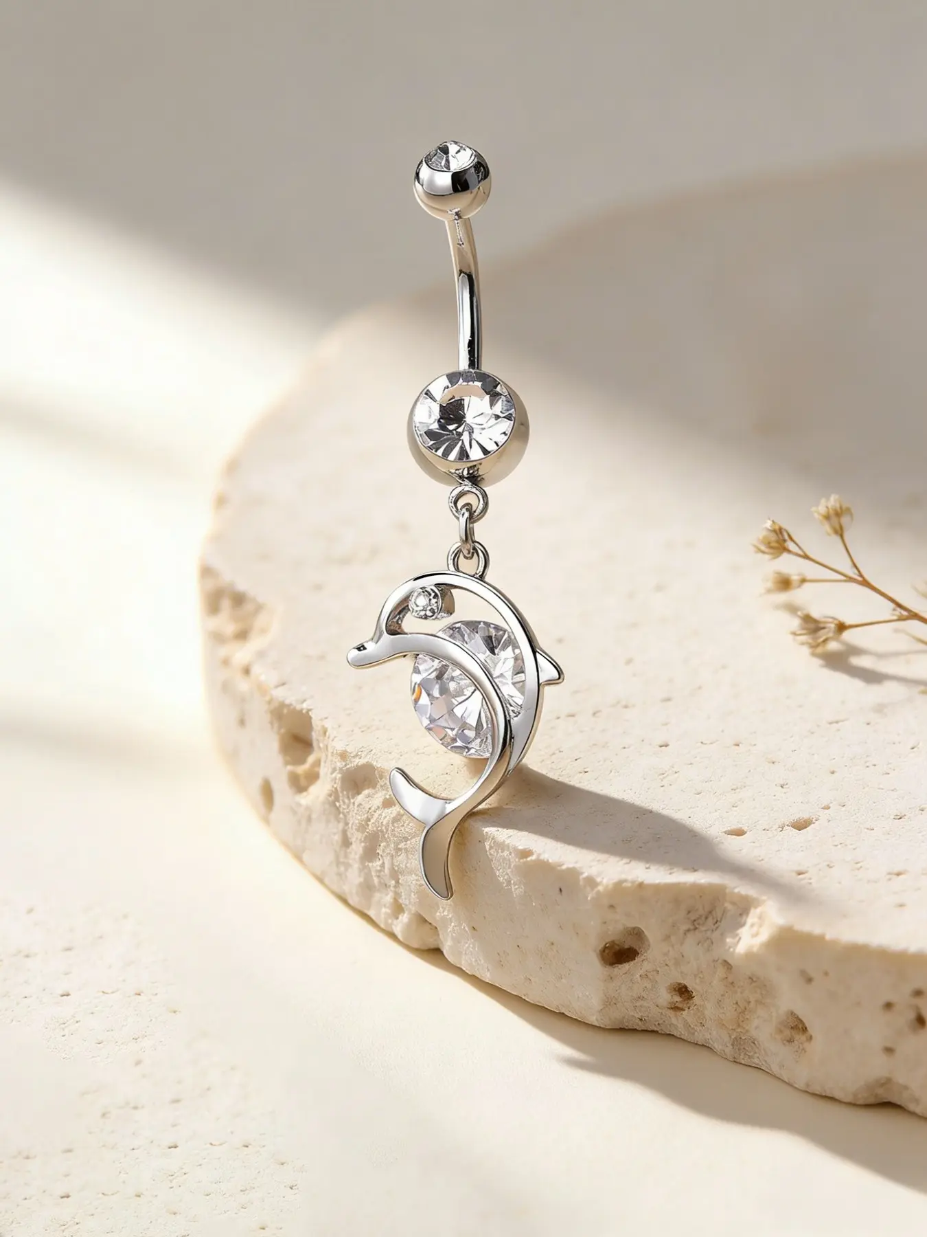 Women's Sexy Dolphin Belly Ring with Artificial Zircon, Shiny Personalized Body Piercing Navel Jewelry for Parties and Vacations