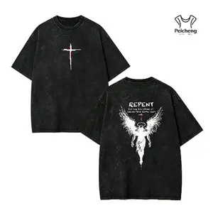 washed cotton Repent Vintage Christian T-Shirt, Angel Wings Faith Graphic Tee, "Kingdom of Heaven Has Come Near" Gospel Streetwear Top, Heavy Cotton Unisex Retro Worship Shirt