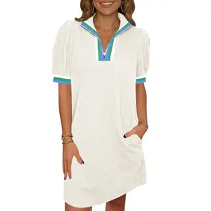 Fisoew Womens Summer Puff Short Sleeve Mini Dress Quarter Zip V Neck Casual Textured Loose Fit Active Sweatshirt Dresses