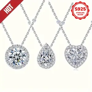 925 Sterling Silvery 3.5g/0.1060z Simple Sparkling Round/Water Drop/Heart Design Synthetic Zirconia Pendant Necklace for Women Luxury Wedding Engagement Jewelry Daily Wear Party Gift