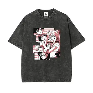 Magical girl Anime Sailor Character Collage Unisex Plus Size Summer Graphic Tees Personalized Pattern Y2k Clothing Round Neck Short-Sleeved Washed T-Shirt,Women's Clothing 100% Cotton, Menswear, Top, Vintage Style, Casual Oversize