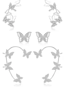3Pairs Butterfly Ear Cuff Earrings for Women No Piercing Zircon Star Ear Clip Wrap Around Fake Earrings Ear Wrap Crawler Rhinestone Wrap Leaf Earrings for Women