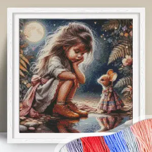 Girl Pattern Cross Stitch Kits Without Frame,Tool Kits 11CT Cross Stitch Printed Canvas Rabbit Decor For Home