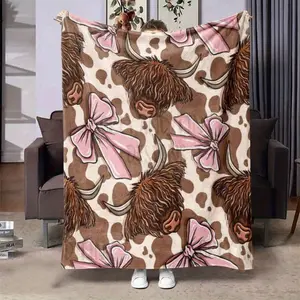 Highland Cow & Pink Bows Flannel Blanket - Soft Warm All-Season Throw For Office, Bed, Sofa, Camping - Contemporary Cozy Gift With Background Design, Cow Blanket