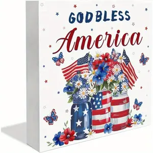 4th of July Wood Box Sign Desk Decor, Good Bless America Decorative Wooden Block Box Sign USA Flag Bottle Daisy Butterfly Decorations for Home Office Shelf Table Decor 5x5 Inches Durable Sturdy Frame