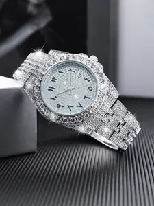RICECGO Men's Luxury Full-Diamond Stainless Steel Wristwatch: Featuring a diamond-encrusted strap and dial, this hip-hop-inspired, trendy men's watch is perfect for everyday wear, as a gift, or for parties and gatherings, Fashionable Wristwatch