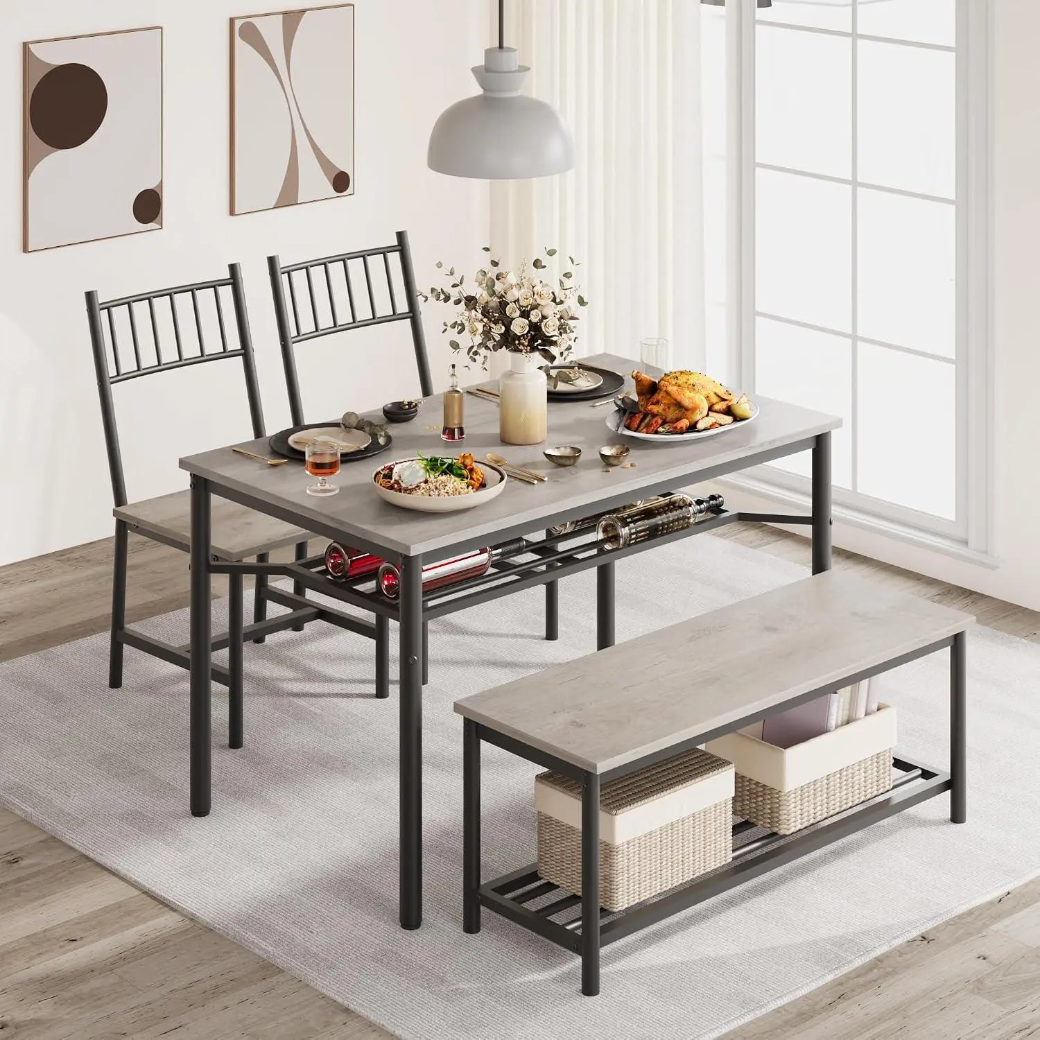 GARVEE Farmhouse Dining Table Set for 4,Rectangular Kitchen Table with 2 Upholstered Chair & Storage Benches, 4 Piece Kitchen Table and Chairs Set with Wine Rack, Small Space Apartment Furniture,Grey