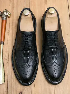 Men's Business Formal Brogue Decor Lace Up Wingtip Dress Shoes, Fashionable Breathable Comfortable Shoes for Work Office, Male All-match Shoes for Daily Wear, Boy, Business Style Shoes