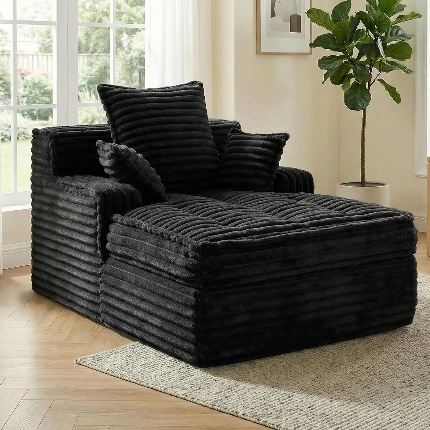 Winzoo Corduroy Boneless Armchair - Small Fluffy Sleeper Couch with 3 Pillows, Wide Arms, Compression Design for Living Room Decor, Indoor Furniture