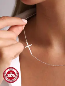S925 Sterling Silver Simple Cross Pendant Necklace for Women & Girls, Elegant Necklace, Daily Wear Necklace, Fashionable Pendants, Accessories for Women, Fashion Jewelry for Party, Daily Decor, Trendy All-match & Exquisite Jewelry for Birthday Gift