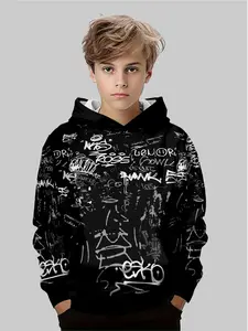 Boys' Graffiti Print Hoodie, Graphic Casual Hoodie, Street Style Kids Sweatshirt, Trendy Party Scene Design, Comfortable Casual Wear for Boys