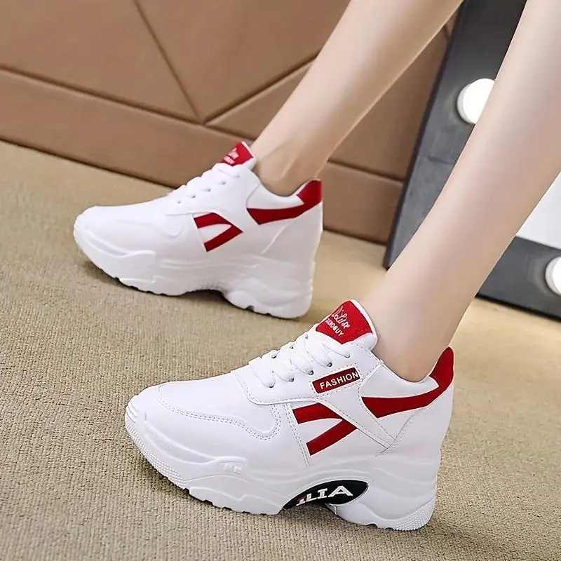 Women's Casual Dad Sneakers - White with Red Accents, Thick 3.15inch Sole, Lace-Up, All-Season Height-Increasing Shoes, Durable Rubber Shoe Sole