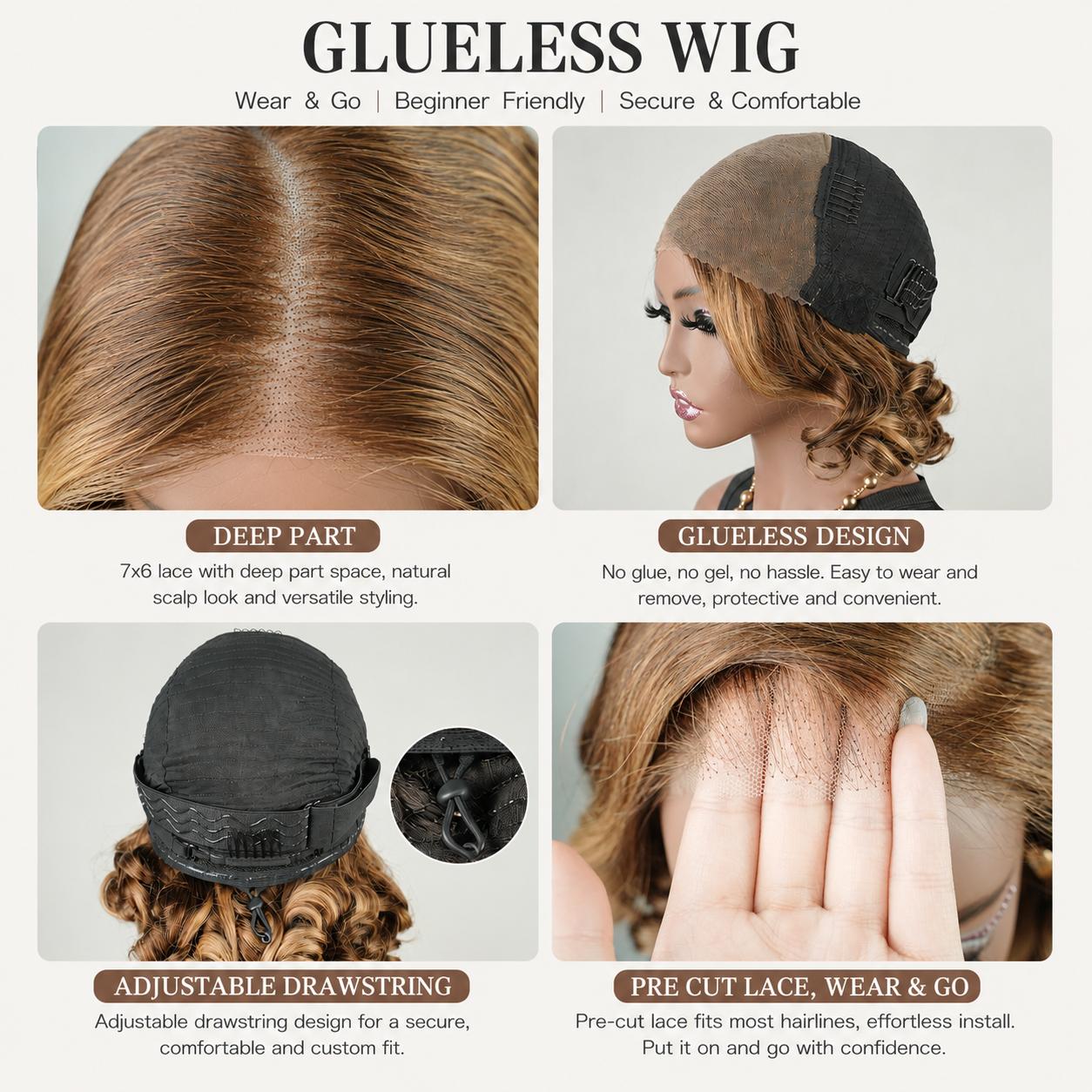 [Free Upgraded 7x6 Side Part] Menglle Hair Honey Blonde Wig 7X6 Glueless Wigs Human Hair Reay To Wear Bouncy Wave Side Part Wig 200% Density Natural Color/Brown Color/Honey Blonde#Summervibes#TikTokShopStockUp