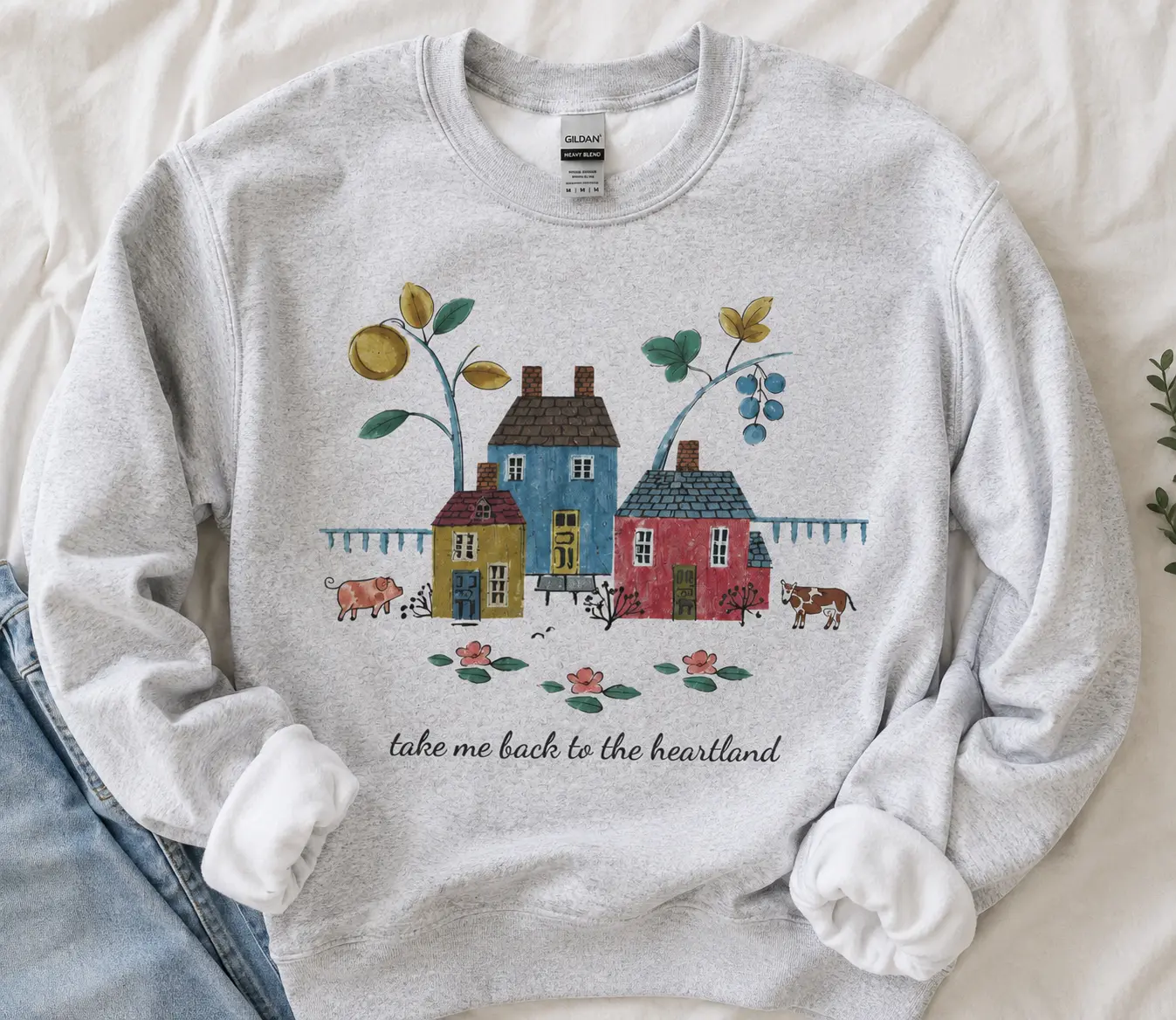 Heartland Graphic Sweatshirt, Unisex Vintage Americana Menswear, Comfy Cotton Polyester Knit Garments with a Round Neck for Casual Sport, Fabric, Tops, Classic