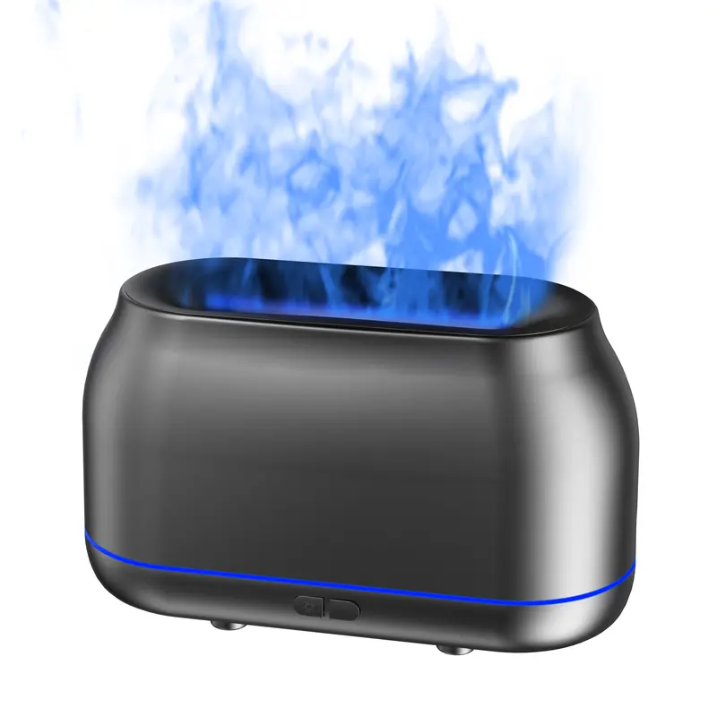 Upgraded Plastic Aromatherapy Humidifier - 7-Color LED Flame Fireplace Design, 160mL Portable, 30db Quiet Mist, Auto-Off Function, Color Changing LED, Antistress Humidifier, Home & Office Use