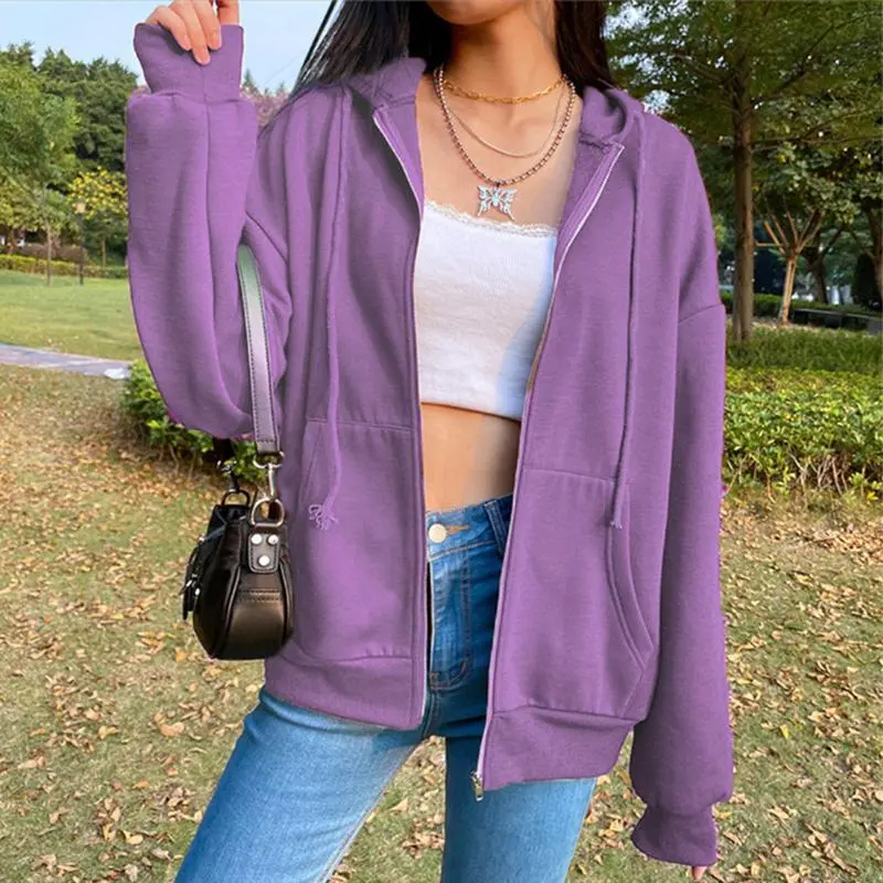 Korean Fashion Fleece Hoodie, Solid Color Zip-Up Sweatshirt with Pockets, Long Sleeve Drawstring Top