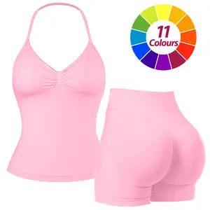 JGS1996 2 Counts Women's Solid Halter Top & High Waist Shorts Tracksuit Set, Sporty Breathable Outfits for Yoga Gym Workout Running Piece Style Style