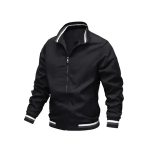 Stripe Edge Bomber Jacket, Men's Casual Stand Collar Zip Up Jacket For Spring Summer Outdoor