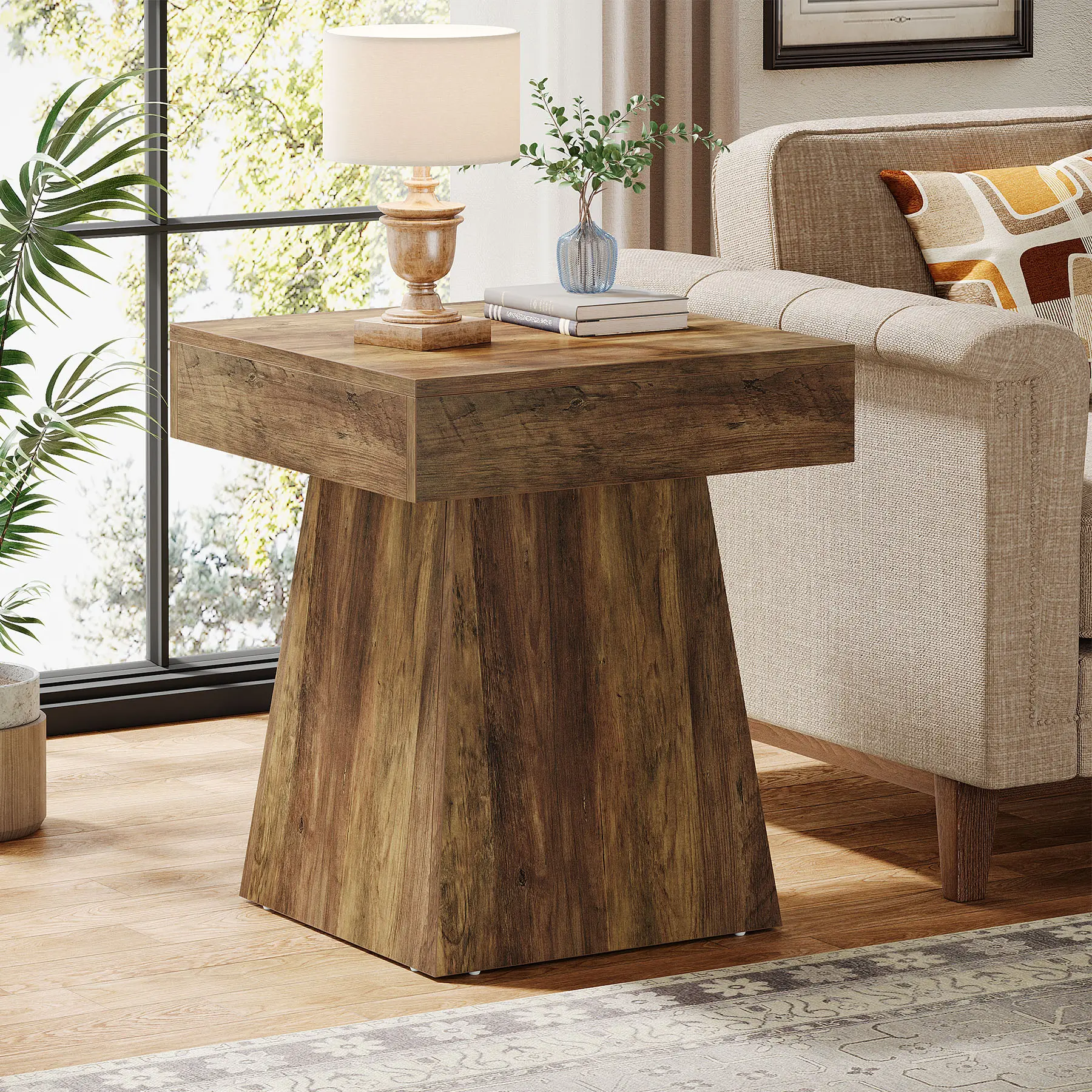 Tribesigns Small End Table, Rustic Square Side Table with Wide Base, Farmhouse Small Nightstand Beside Bed, Next to Armchair, for Living Room, Brown
