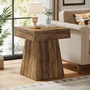 Tribesigns Small End Table, Rustic Square Side Table with Wide Base, Farmhouse Small Nightstand Beside Bed, Next to Armchair, for Living Room, Brown