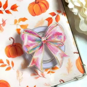 Pink Ribbon Coquette Phone Grip, Watercolor Pastel Bow MagSafe Holder, Aesthetic Girly Ribbon Griptok, Shabby Chic Gift for Bookish Girls & Writers
