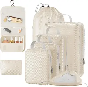 Set of 8 Compression Packing Cubes for Travel: Featuring a double zipper compression design that saves up to 60% more space, these packing cubes are perfect for sorting and organizing your luggage items during your travels.