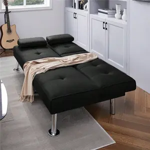Convertible 3-In-1 Futon Sofa Bed, Fabric Upholstered Sleeper with Drop-Down Platform, Throw Pillows & Cup Holders, Adjustable Folding Sofa Bed for Living Room, Black Dark Grey Aqua Blue Home Lounge Decor