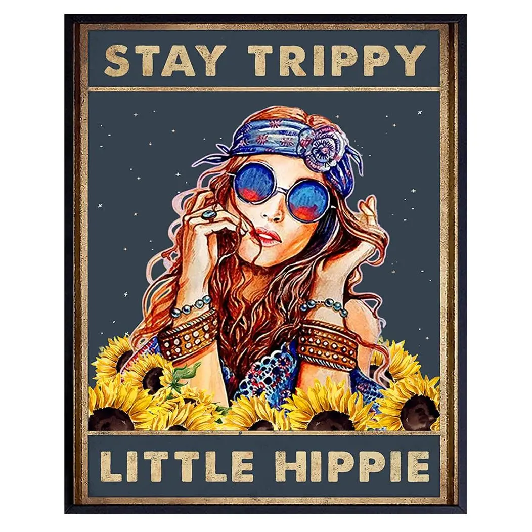 Trendy Poster Trippy Wall Decor - Stay Trippy Little Hippie Wall Art - Boho Decor Gifts - Bohemian Art - Sunflower Decoration - Women, Teen Girls Bedroom - Positive Quotes - Hippy Living Room Print Poster Photo Ornaments Artistic