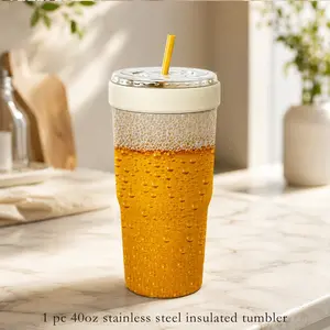 Summer Beer Print Insulated Tumbler | 32oz Stainless Steel Travel Cup with Realistic Beer Foam Design, Vacuum Insulated Straw Mug Keeps Drinks Cold for Hours, Perfect for Iced Beer, Soda, Coffee, Camping & Party Use