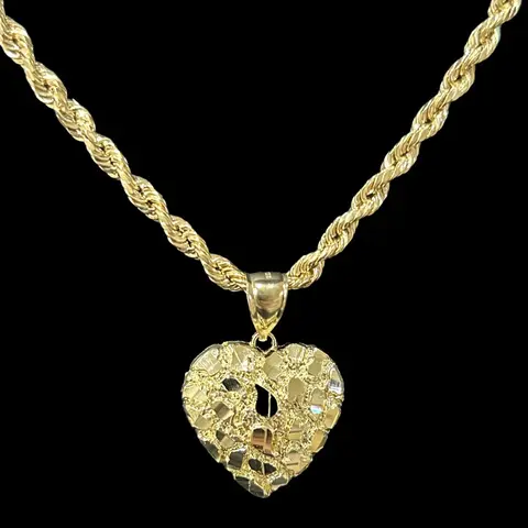 MaxBling81 Women's 14K Real Gold Plated Brass Golden Nugget Heart Pendant & 3mm Stamped Rope Chain Gift Set, Multiple Lengths (18-24in), Classic Long Daily Elegance Necklaces for Women, Unisex Birthday/Anniversary Jewelry