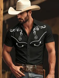 Men's Western Cowboy Style Short Sleeve Casual Summer Shirt, Vintage Embroidered Pattern Embroidery Casual Blouse, Street Trend Western Wind Top, Menswear Streetwear Fashion